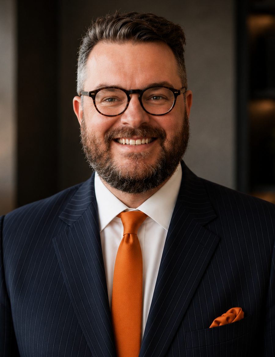 Derek Zardus, coach business english, uśmiechnięty, w granatowym garniturze i pomarańczowym krawacie